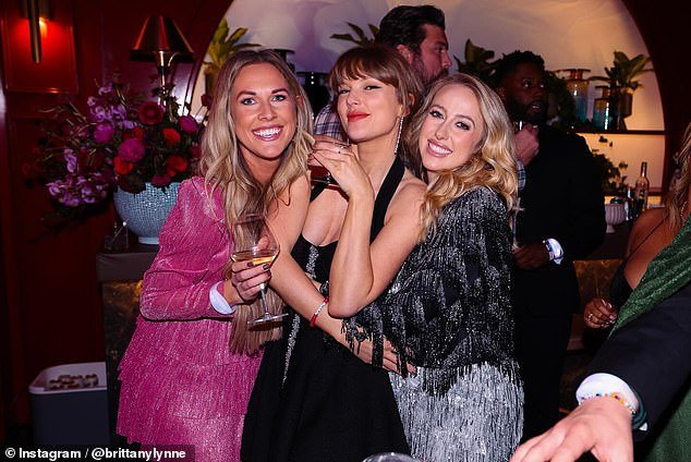 After friends of the pair shared photos from Swift's wrap party, eagle-eyed Swifties spotted a strange detail in some of the pictures as she appeared to be covering her ring finger with her little finger in a snap with Brittany Mahomes and Lyndsay Bell