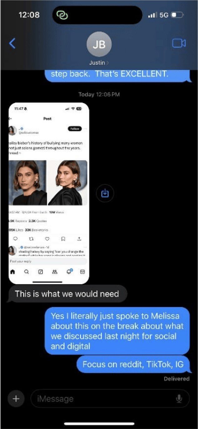 Baldoni allegedly texted publicist Jennifer Abel a screenshot of an X thread about allegations of bullying against Hailey Bieber, and wrote: 'This is what we would need'