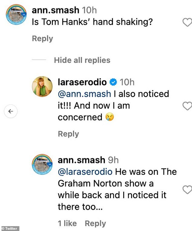 One fan commented under a promotional post on SNL 's official Instagram account, 'Is Tom Hanks’ hand shaking?'