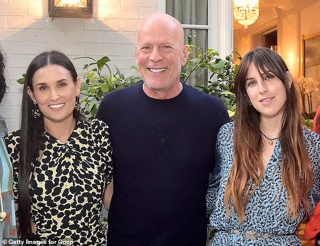 The Die Hard star felt the warmth of family this holiday season as he continues his courageous battle with aphasia and frontotemporal dementia (FTD); (pictured: Demi Moore, Bruce Willis and Rumer Willis)