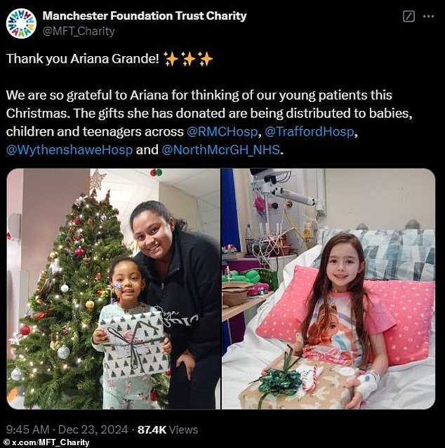 On Monday, the Manchester Foundation Trust Charity took to Instagram to share photos of youngsters who received gifts bought by Ariana that were disbursed throughout hospitals in the city