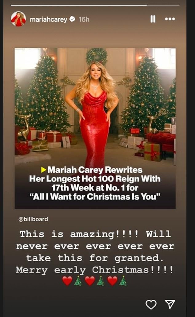 Mariah Carey breaks her own Billboard record with 17 weeks at number 1 for All I Want For Christmas