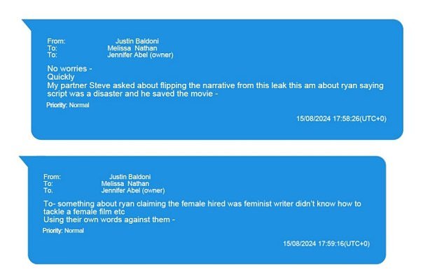 The messages show Justin suggesting how they might 'flip the narrative' as more stories emerge about the controversy surrounding the film