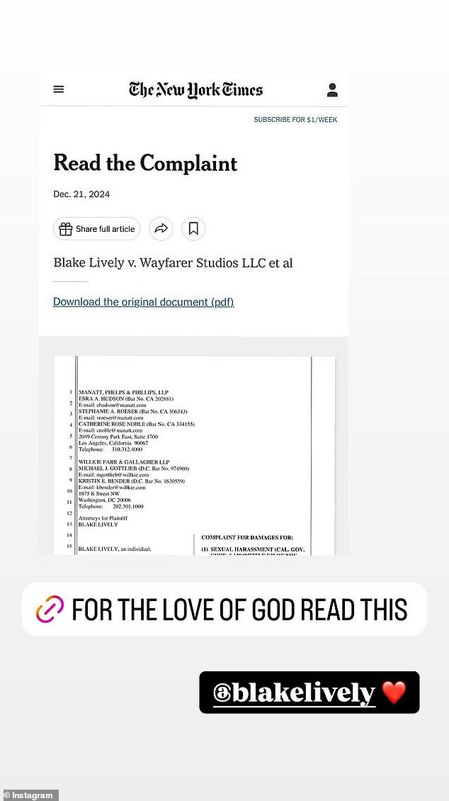 Over the link to the lawsuit, he wrote: 'For the love of God, read this.' He also tagged Lively, 37, and added a red heart emoji next to her name