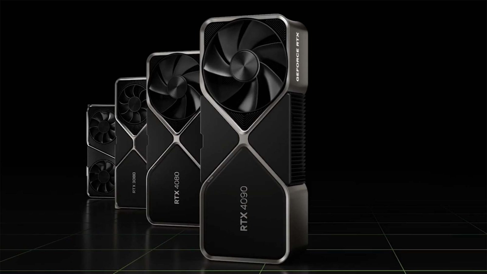 Nvidia GeForce RTX cards lined up in a row