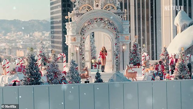 She shot the spot on a rooftop decorated to look like a winter wonderland on a rooftop high above the Los Angeles skyline