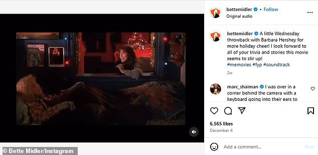 On December 4, Bette Midler tagged the Emmy winner in 'a little Wednesday throwback for more holiday cheer' of one of their scenes from their hit 1988 tear jerker about longtime female friendship, Beaches