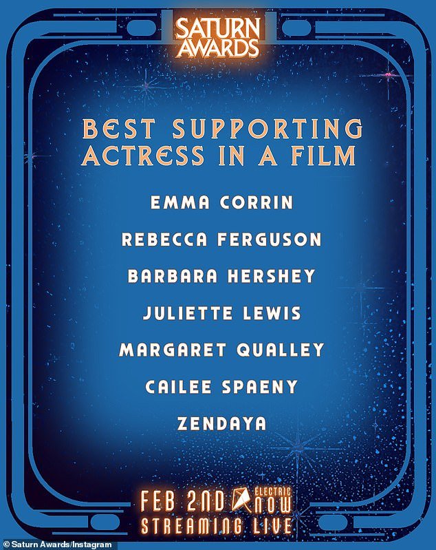 On December 5, Hershey (born Herzstein) scored a nomination for best supporting actress in a film at the 52nd Saturn Awards, which take place February 2 at Hilton Universal City in Los Angeles