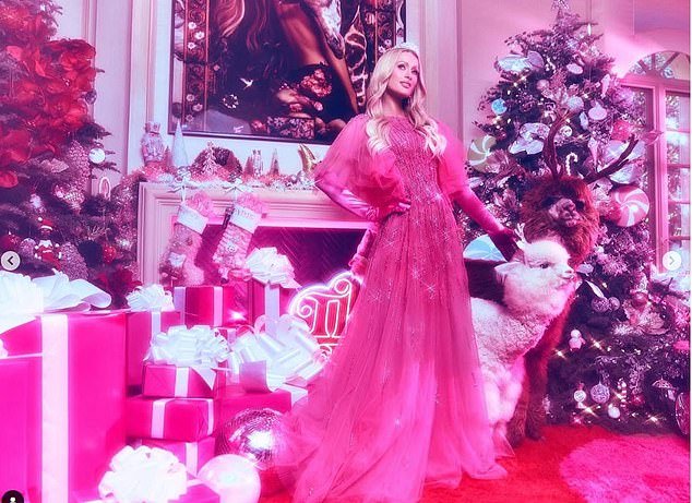 Paris also wore a long pink princess gown for her photo shoot