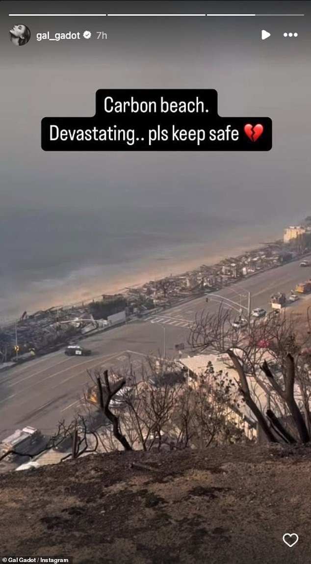 Gal Godot, 39, posted a photo of Carbon beach, writing, 'Devastating.. plz keep safe'