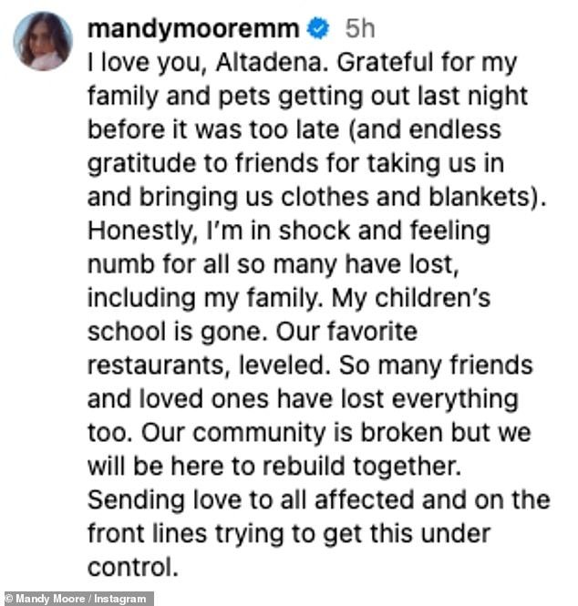 'Honestly, I'm in shock and feeling numb for all so many have lost, including my family. My children's school is gone. Our favorite restaurants, leveled'