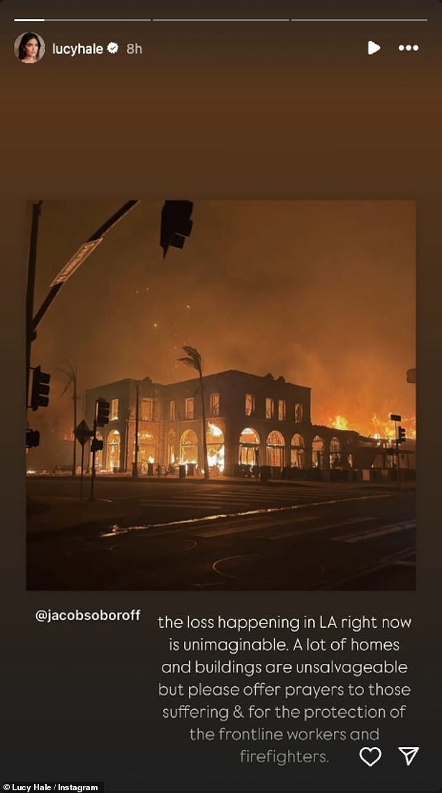 Lucy Hale, 35, wrote, 'The loss happening in LA right now is unimaginable. A lot of homes and buildings are unsalvageable but please offer prayers to those suffering and for the protection of the frontline workers and firefighters'