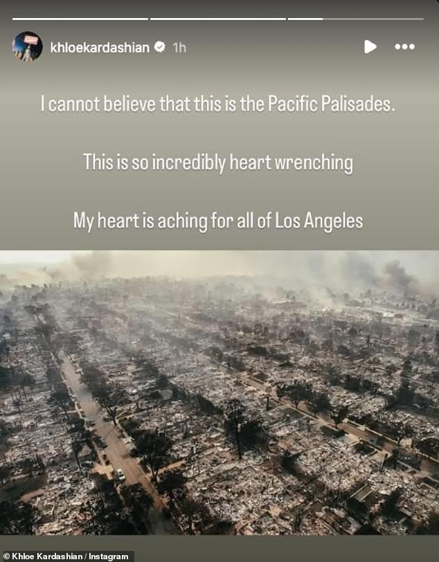 Khloe, 40, also shared a photo of the devastation, writing, 'I cannot believe this is the Pacific Palisades. This is so incredibly heart wrenching. My heart is aching for all of Los Angeles'