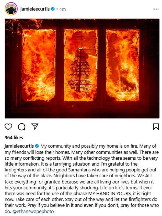 Jamie had previously shared that her home was at risk of being destroyed by the wildfires, but later confirmed that it was safe from the flames