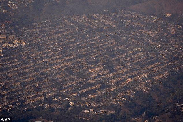 In the Palisades fire alone, around 5,300 structures have been destroyed, according to the Los Angeles Times; aerial view of Pacific Palisades taken on Thursday