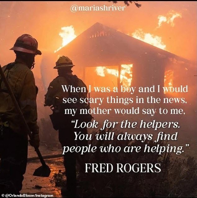 Bloom offered comfort and expressed his thanks to firefighters by re-sharing a quote from the late Fred Rogers about looking for helpers in scary situations