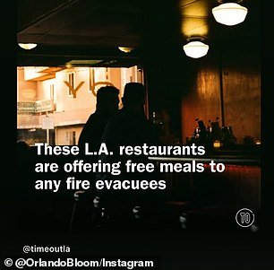 He also provided a link to information about restaurants in Los Angeles that were offering free meals to evacuees