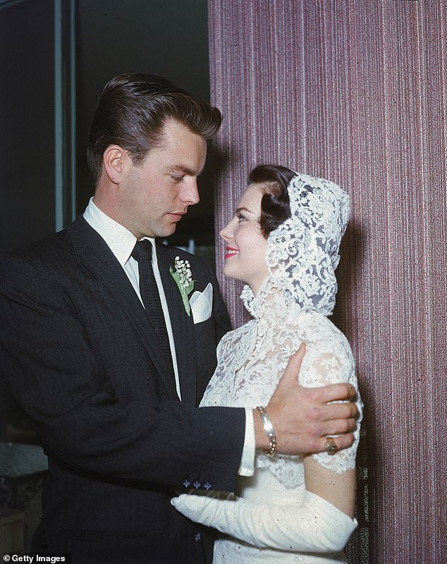 Wood and Wagner were married in 1957 and stayed together for four years before divorcing; seen on their wedding day in Scottsdale, Arizona