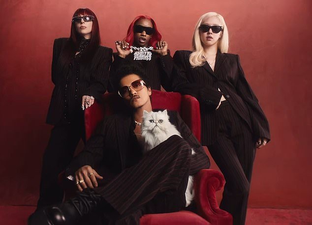 Then Lady Gaga and Rosé make guest appearances as they model black suits and sunglasses