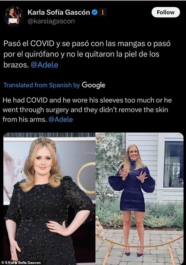 Sharing photos of Adele in glamorous gowns, the Spanish actress wrote: 'COVID passed, and she went overboard with the sleeves, or she went under the knife and they didn¿t remove the skin from her arms @Adele'