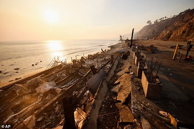 Homes damaged by the Palisades Fire are seen along the Malibu beach near Bridges' family property