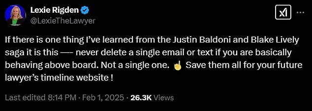 'If there is one thing I've learned from the Justin Baldoni and Blake Lively saga it is this - never delete a single email or text if you are basically behaving above board. Not a single one. Save them all for your future lawyer's timeline website,' a fourth added