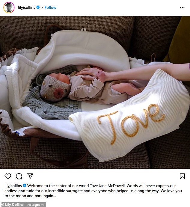 In an emotional post on Instagram, the Emily In Paris star said she was full of 'endless gratitude' for the surrogate who helped her to become a mother