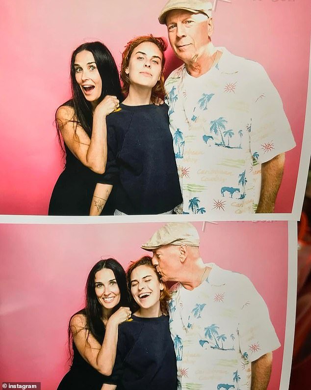 Moore also shared heartwarming snaps of herself, Tallulah and ex-husband Bruce Willis posing for a photobooth-style image in front of a bright pink backdrop