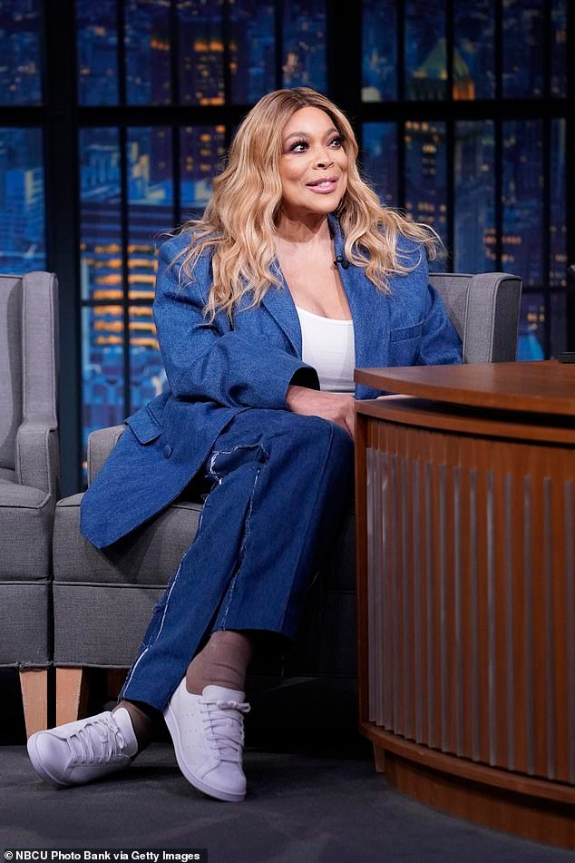 Wendy Williams has hit back at a guardianship attorney's claims and insisted that she had never even met the lawyer after guardianship attorney Roberta Kaplan's recent claims that she has 'good days and bad days'; Wendy is pictured June 2021 on Late Night with Seth Meyers