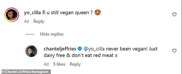 Last Friday, the Vizn Ventures GP replied to a fan asking if she was still a 'vegan queen' with the message: '@yo_cilla never been vegan! Just dairy free & don't eat red meat'