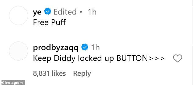 In response to Kanye, a post that read, 'Keep Diddy locked up BUTTON>>>' pointing to Instagram's like button had thousands of likes