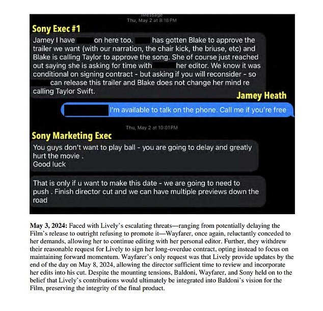 Baldoni claimed Lively threatened to 'change her mind' about reaching out to Swift to secure the use of her hit 2020 track My Tears Ricochet