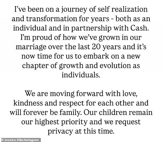 Alba wrote on January 16: 'I've been on a journey of self realization and transformation for years - both as an individual and in partnership with Cash. I'm proud of how we've grown in our marriage over the last 20 years and it's now time for us to embark on a new chapter of growth and evolution as individuals'