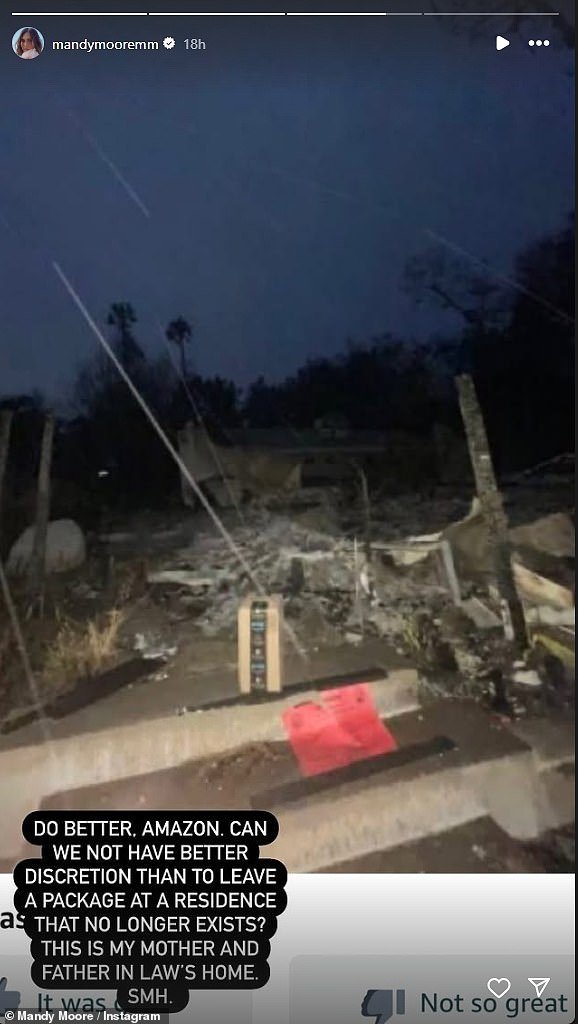 The This Is Us star, 40, who was slammed last month for asking for donations for her relatives affected by the fires, shared a photo of a lone Amazon parcel placed at the completely destroyed home - with the snap seemingly taken by a delivery driver