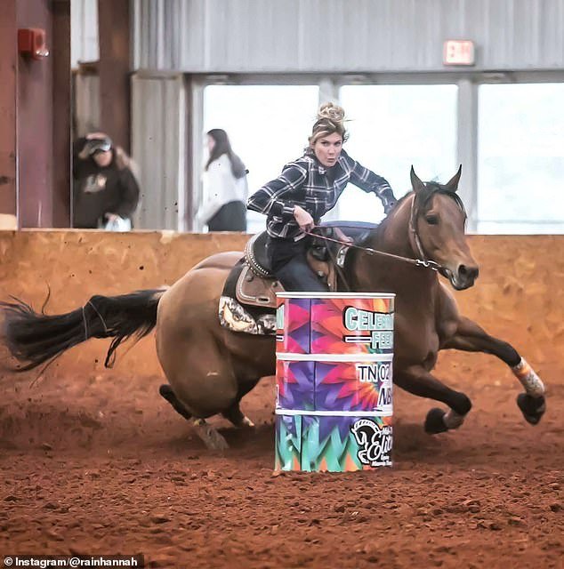 Graves explained that Rain (pictured) ¿ a barrel racing cowgirl ¿ had to be in Buckeye, Arizona on Monday to 'check in' for the Royal Crown's three-day barrel racing competition