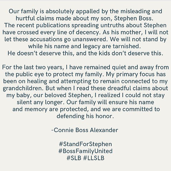 This comes after his mother released a statement over the weekend criticizing the 'untruths' Holker shared about Boss, which she said 'have crossed every line of decency'