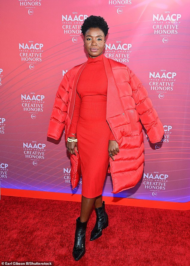 Folake Olowofoyeku looked striking in a fluorescent red ribbed, turtleneck gown with a matching toned puffer jacket as she bared the cold temperatures in the evening