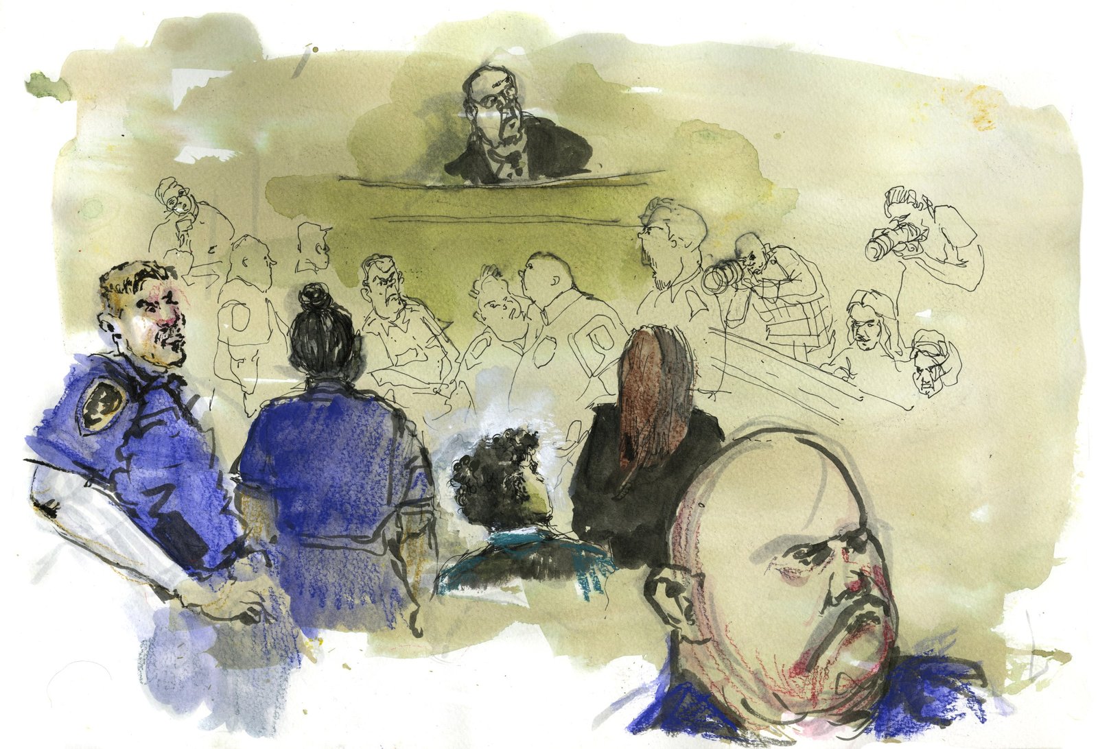 The scene in the courtroom at the February 21 hearing in People v. Mangione in New York City. Top: Judge Gregory Carro, center left: Luigi Mangione, center right: Karen Friedman Agnifilo