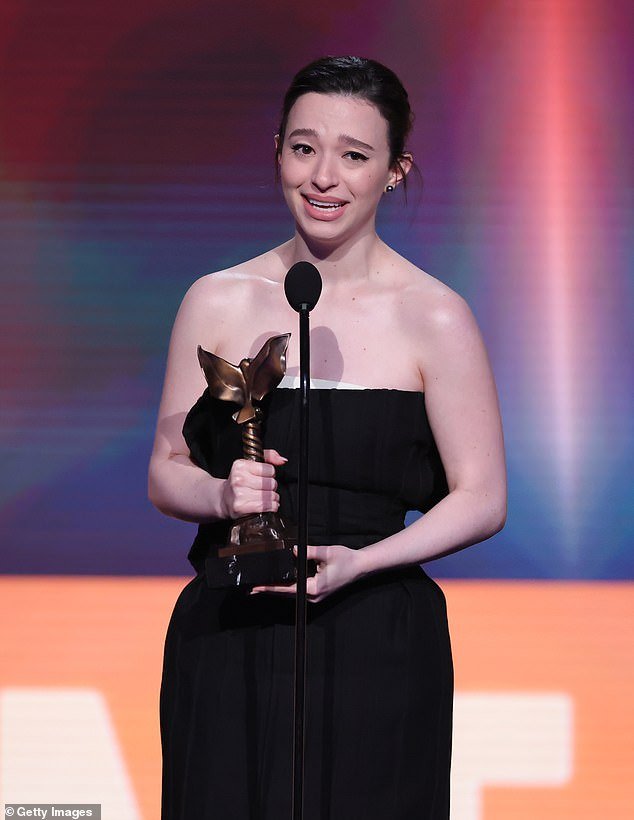 Mikey looked misty-eyed as she made her acceptance speech, though she managed to keep it together while thanking her costars and her director, whom she joked was not just a great director and friend, but also an 'incredible Chihuahua owner'