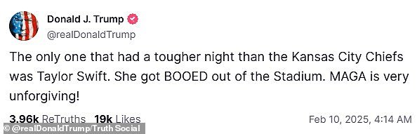 President Donald Trump had also been in attendance at the Super Bowl and later trolled the singer on his Truth Social platform