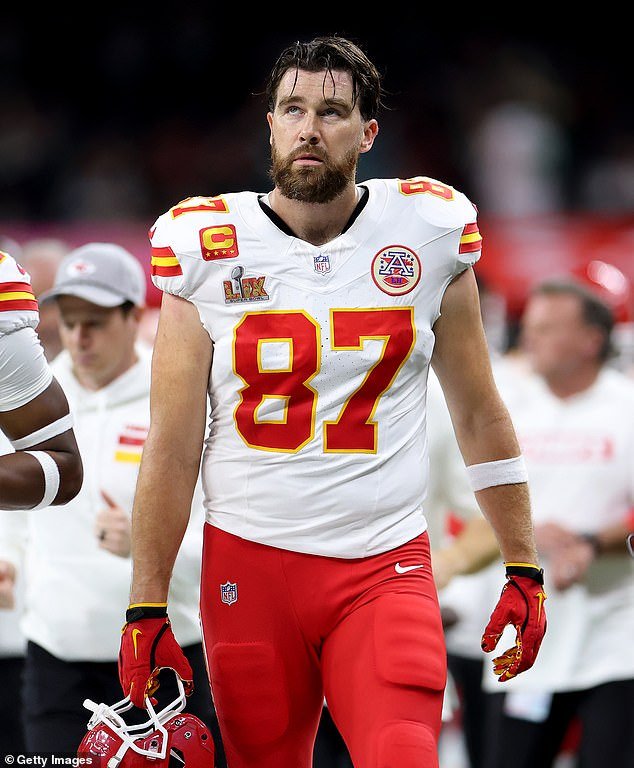 Kelce's reaction to his girlfriend getting booed in the stadium was revealed with a source telling Dailymail.com, 'Travis was aware of Taylor getting booed and he felt helpless. Seeing the look on her face got to him'; seen above at 2025 Super Bowl