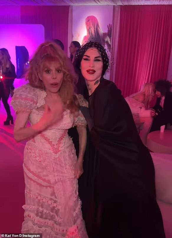 Kat Von D (R) donned her signature black attire to attend Hilton's bash with none other than eighties TV personality, Charo (L), whom she called 'my hot date'