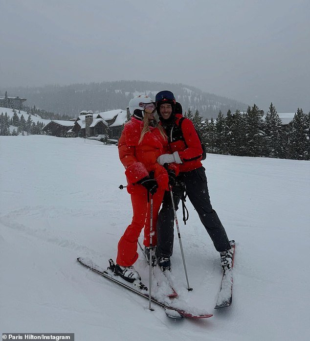 The Paris & Nicole: The Encore producer-star and her husband Carter Reum (R, pictured Friday) celebrated her actual birthday with an 'epic' ski week at the members-only Yellowstone Club in Big Sky, MT