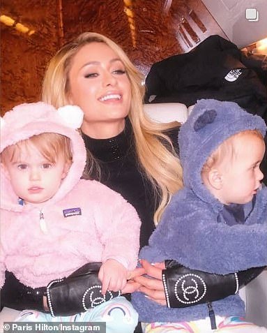 Paris and the 44-year-old M13 Ventures co-founder welcomed their 'Cutesy Crew' - including 15-month-old daughter London Marilyn Hilton-Reum (L, pictured last Monday) - via surrogate and they employ a full-time nanny called Jean