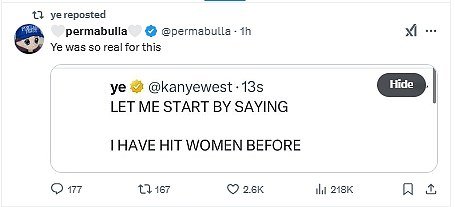 West admitted to hitting women in a tweet Sunday, and retweeted a follower commending him for his candor on the topic