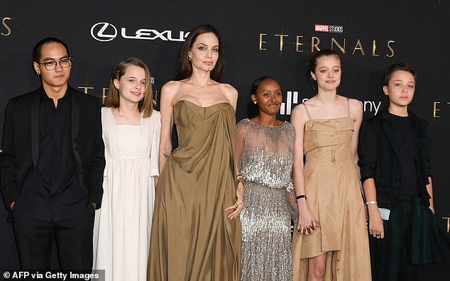 The divorce has left Pitt estranged from his six children: Maddox Chivan, 23, Pax Thien, 21, Zahara Marley, 20, Shiloh Nouvel, 18, and twins Knox Léon and Vivienne Marcheline, 16; (L-R) Maddox, Vivienne, Angelina, Zahara, Shiloh and Knox seen in 2021